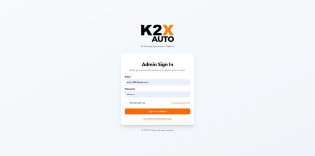 K2X Auto admin sign-in page on a gradient background with the K2X logo