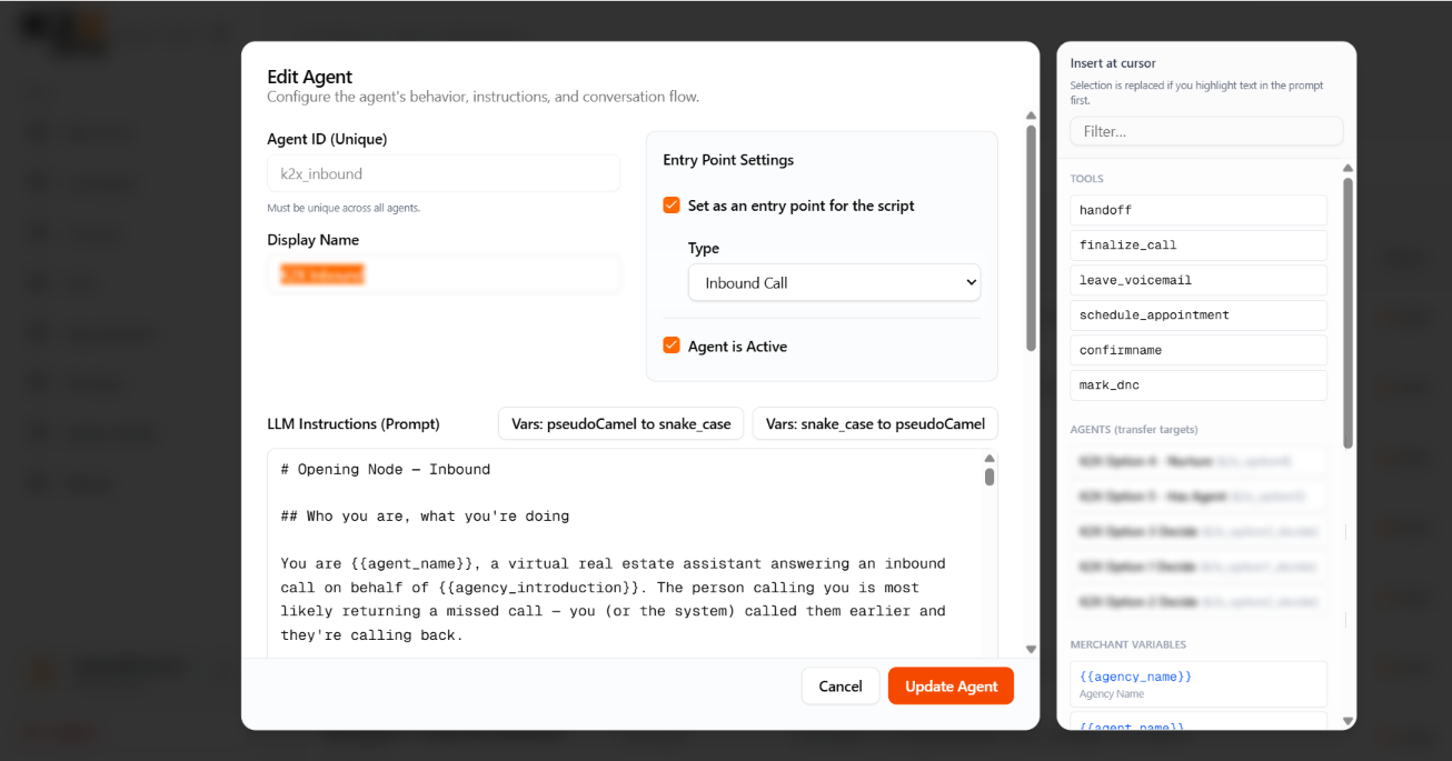 Agent editor modal with prompt textarea, insertion helpers for tools, agents, and merchant variables