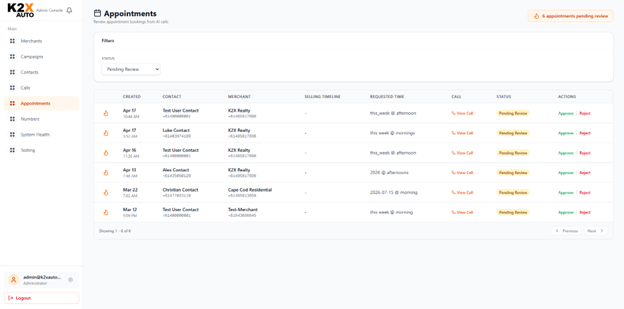 Appointments queue with priority flame for hot leads and Approve / Reject actions