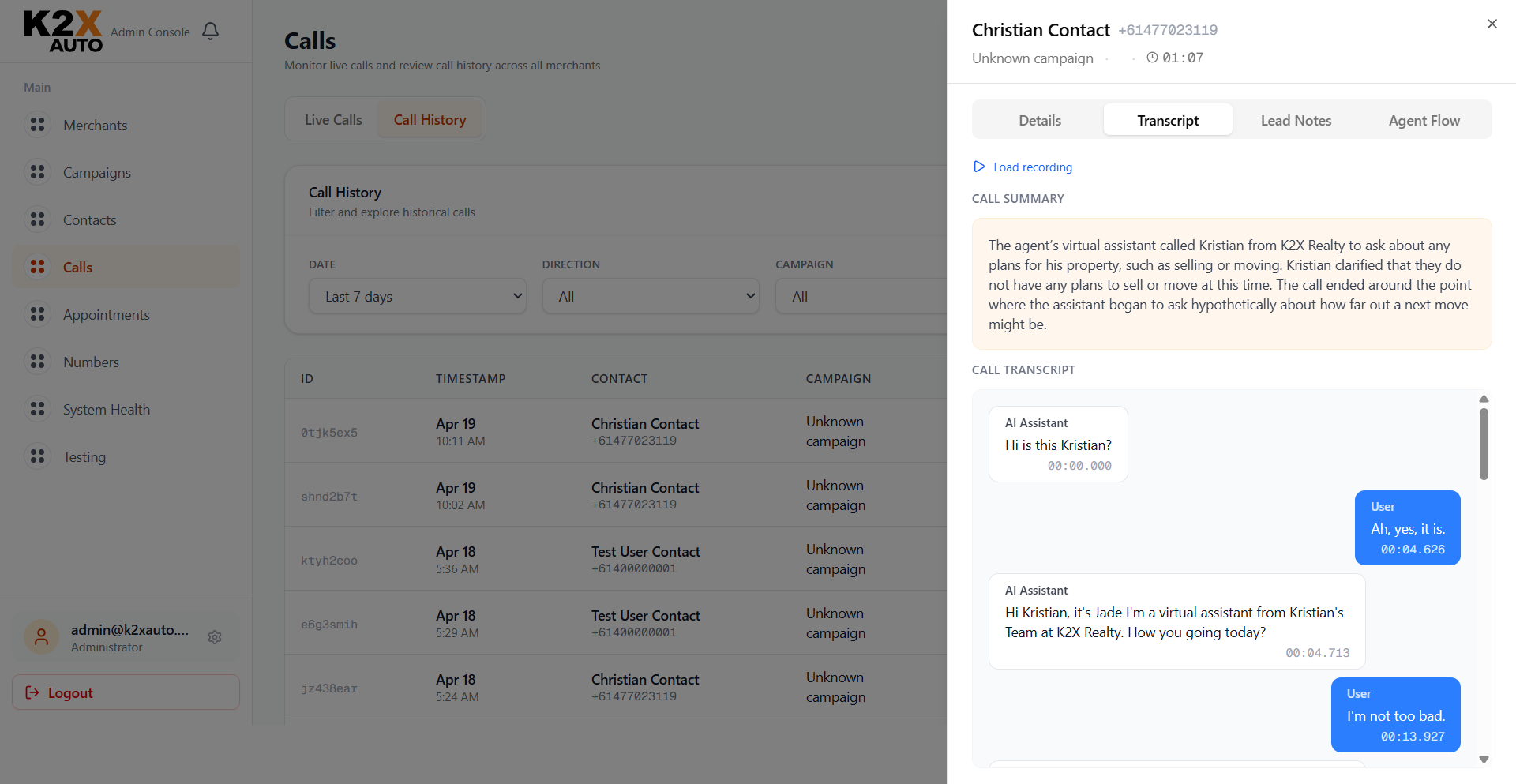 Call transcript sheet with AI summary and turn-by-turn conversation synced to playback time