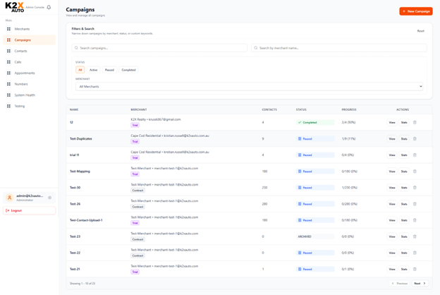 Campaigns list with Trial and Contract pills, progress bars, and status badges