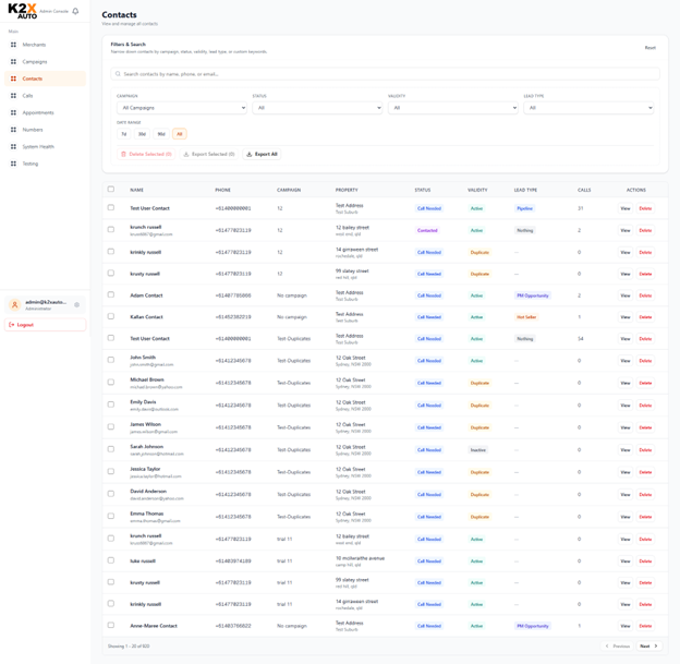 Contacts table with obfuscated phone numbers, lead-type and validity badges, and bulk export controls