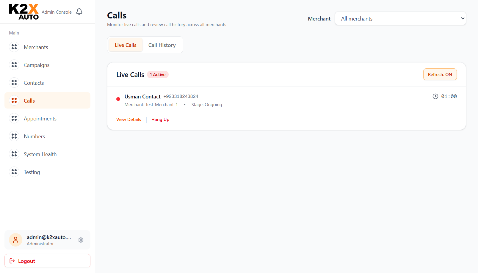Live calls view showing an ongoing call with contact, merchant, stage, timer and Hang Up action
