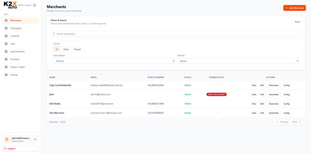 Merchants list with filters, status pills, and a Needs Replacement badge highlighting a flagged number