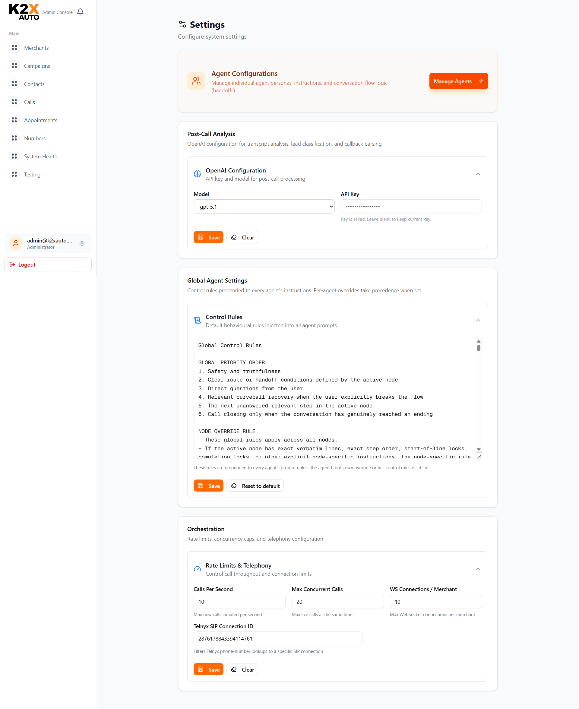 Settings page showing Post-Call Analysis, Global Agent Settings with control rules, and Orchestration rate limits